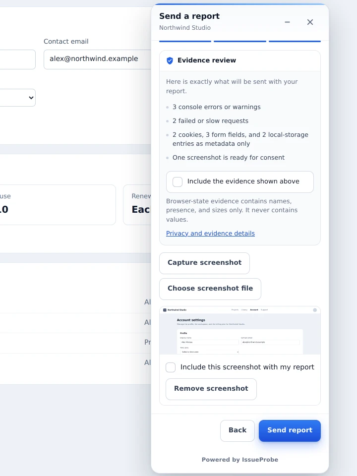 The widget evidence review step that lists console, request, and browser-state counts with two consent checkboxes