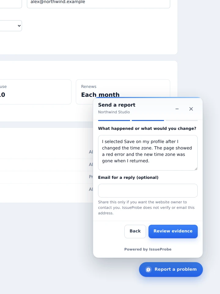 The open widget panel with a description of a failed profile save and an optional reply email field
