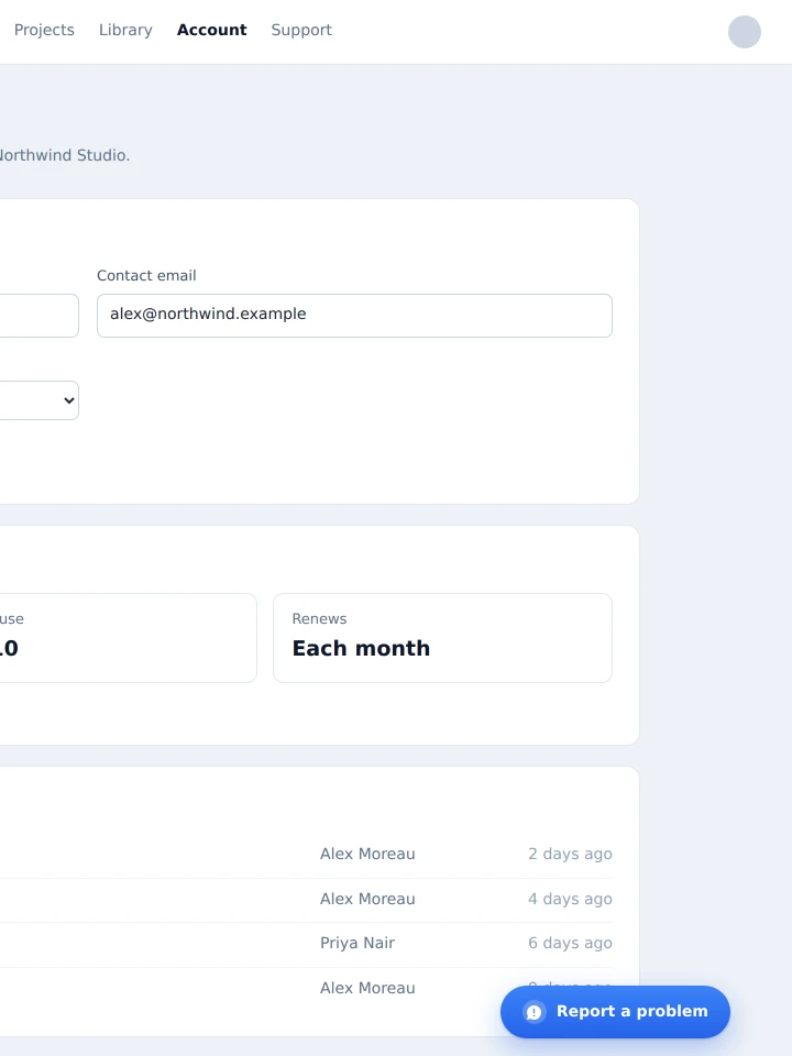 An account settings page with a contact email field, a plan panel, and an activity list, and the IssueProbe launcher button over the lower right corner